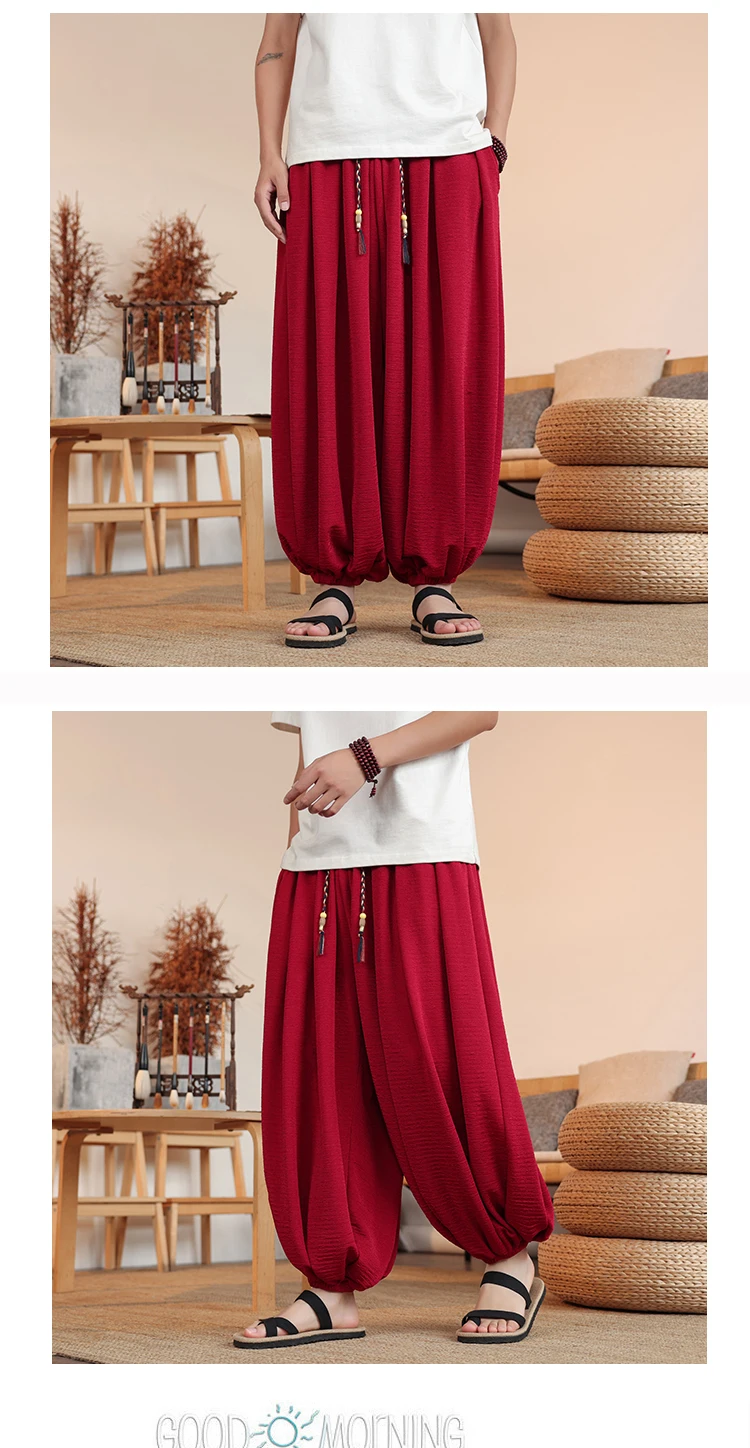 Summer Wide Leg Pants Men's Solid Color Casual Japanese Styles Harun Pants Men Fashion Loose Harajuku Lantern Trousers Plus Size