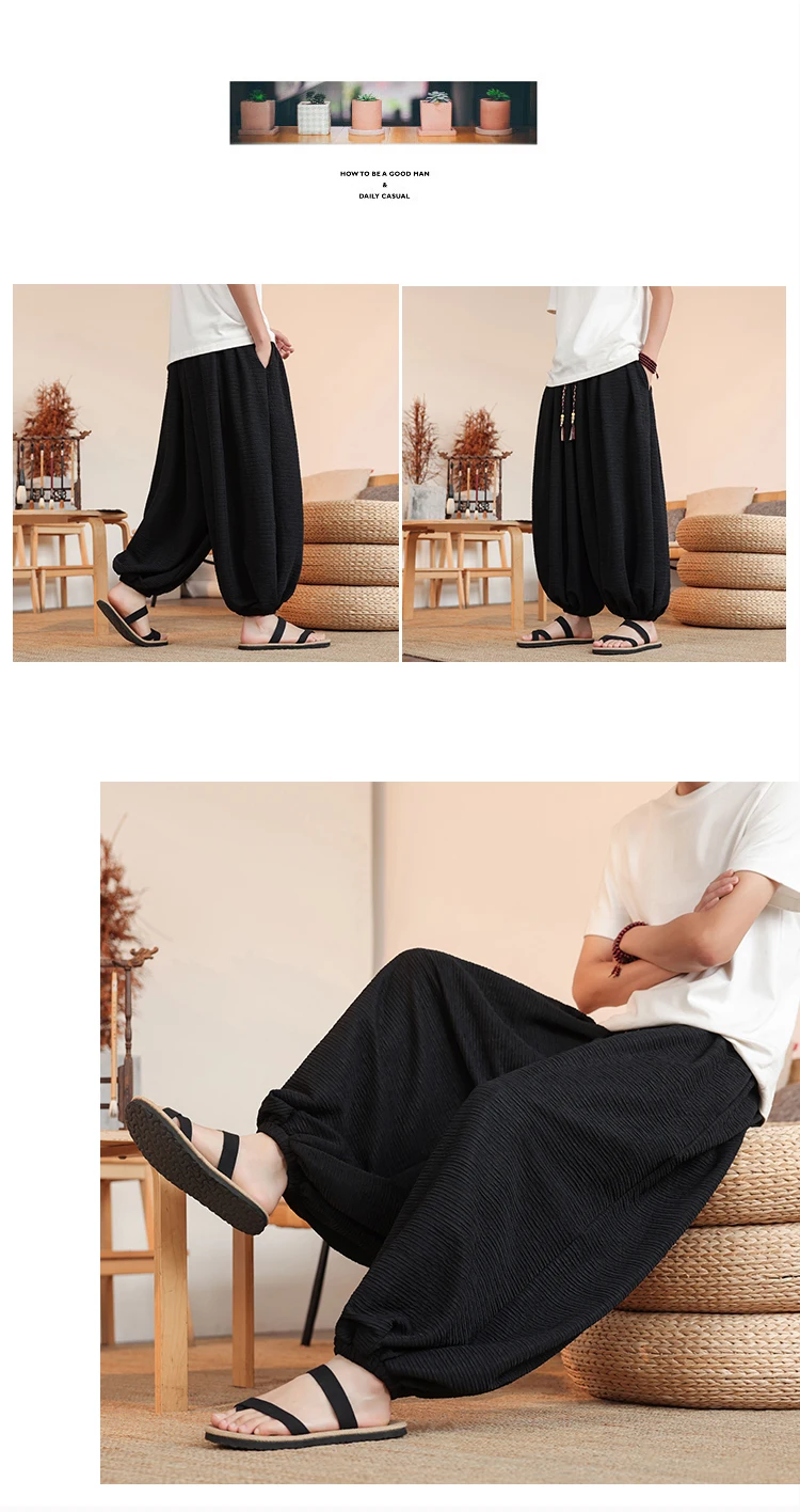 Summer Wide Leg Pants Men's Solid Color Casual Japanese Styles Harun Pants Men Fashion Loose Harajuku Lantern Trousers Plus Size