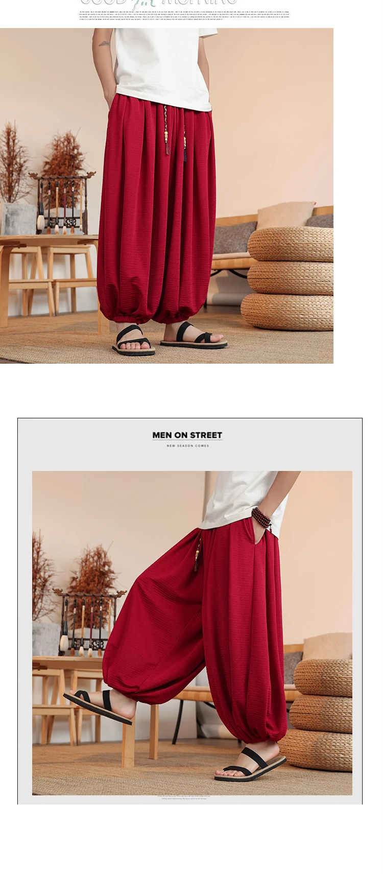 Summer Wide Leg Pants Men's Solid Color Casual Japanese Styles Harun Pants Men Fashion Loose Harajuku Lantern Trousers Plus Size