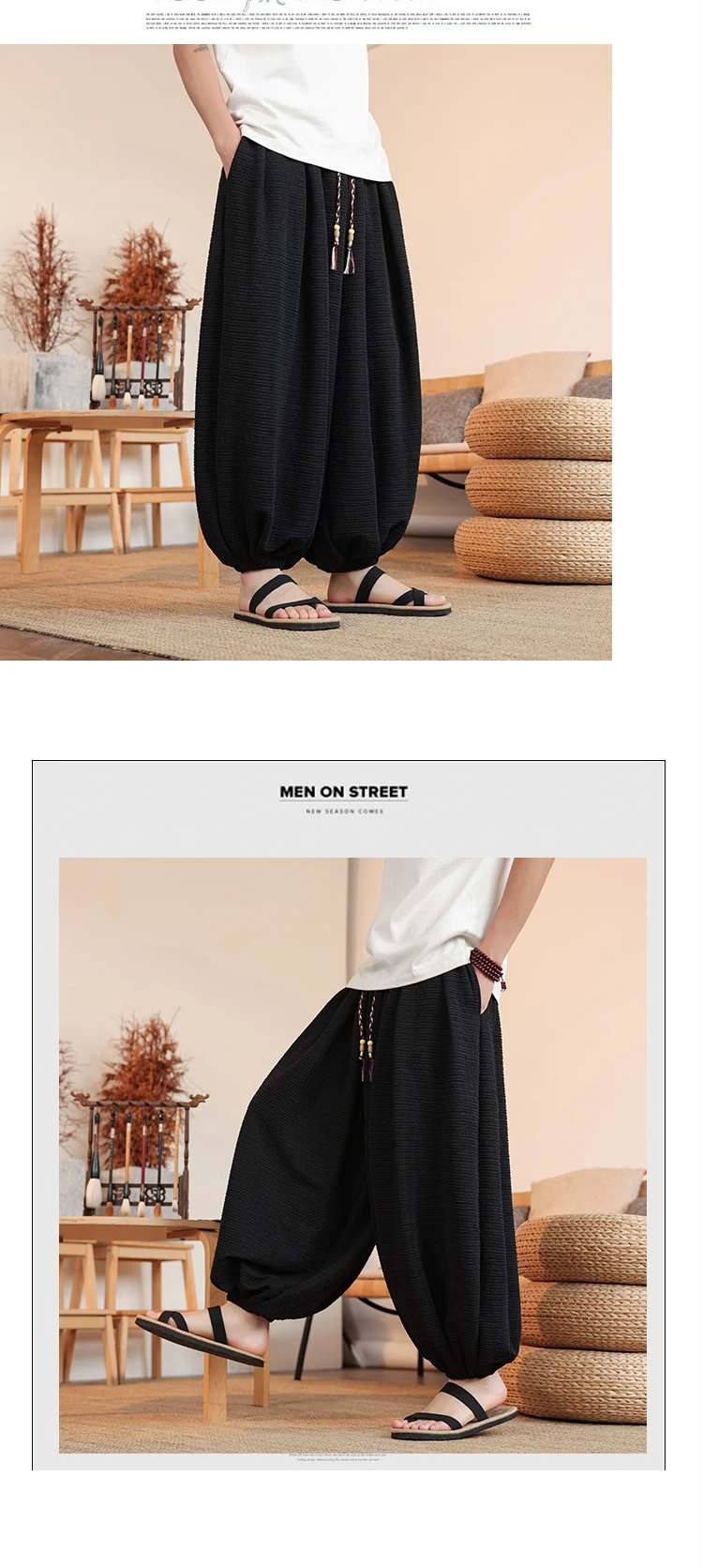 Summer Wide Leg Pants Men's Solid Color Casual Japanese Styles Harun Pants Men Fashion Loose Harajuku Lantern Trousers Plus Size