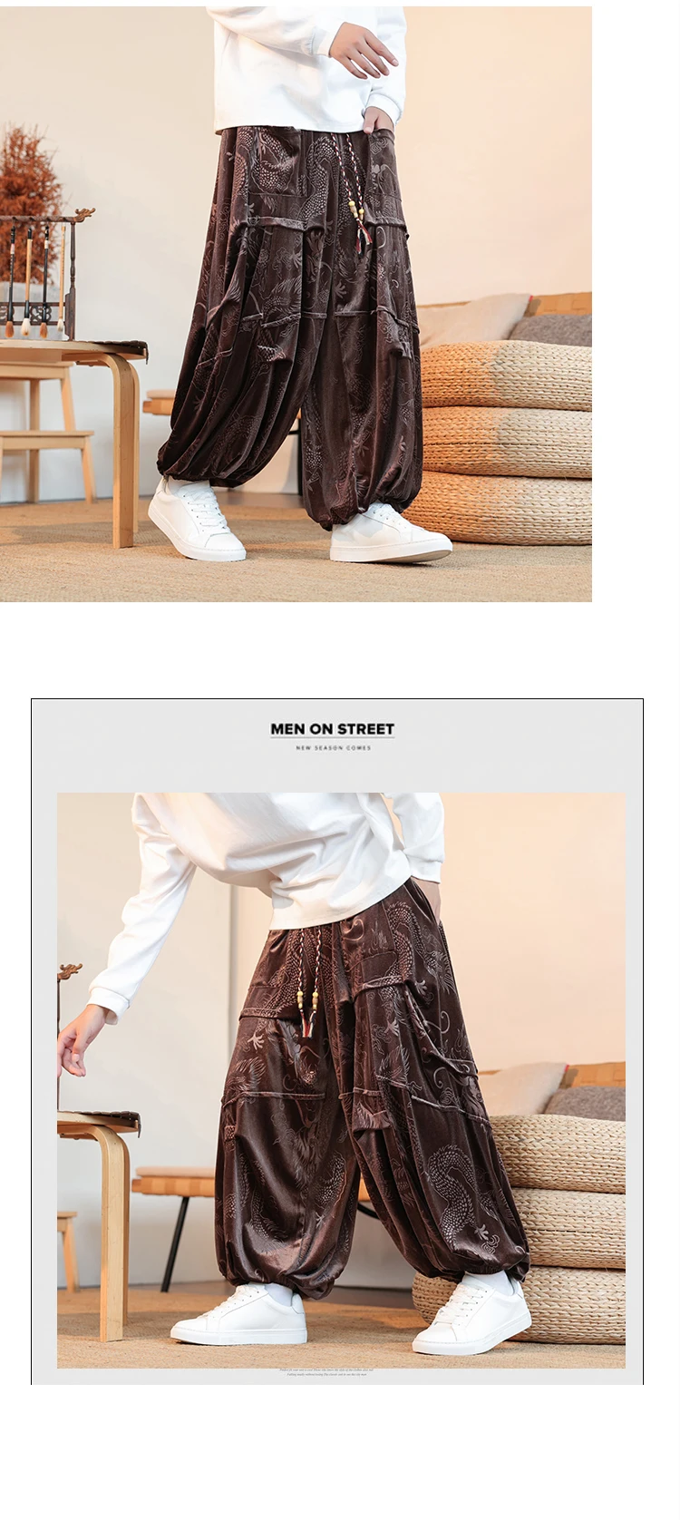 Velvet Pants Men's Autumn Winter Retro Dragon Print Loose Pants Men Chinese Style Casual Wide Leg Trousers For Men Plus Size 5XL