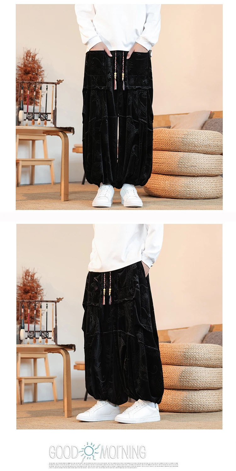 Velvet Pants Men's Autumn Winter Retro Dragon Print Loose Pants Men Chinese Style Casual Wide Leg Trousers For Men Plus Size 5XL