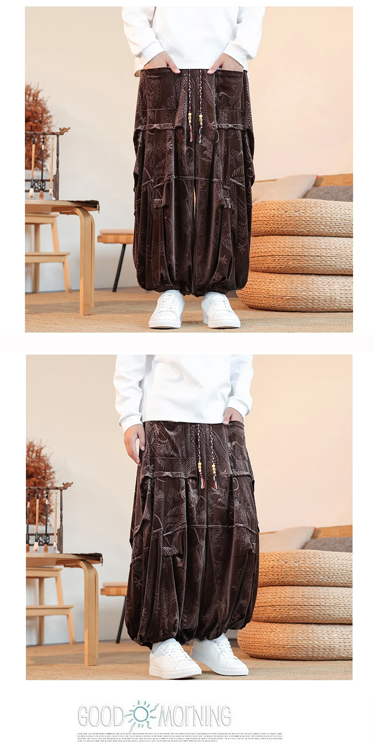 Velvet Pants Men's Autumn Winter Retro Dragon Print Loose Pants Men Chinese Style Casual Wide Leg Trousers For Men Plus Size 5XL