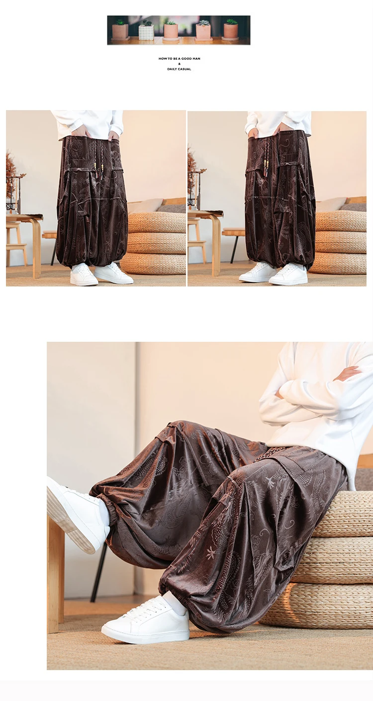 Velvet Pants Men's Autumn Winter Retro Dragon Print Loose Pants Men Chinese Style Casual Wide Leg Trousers For Men Plus Size 5XL
