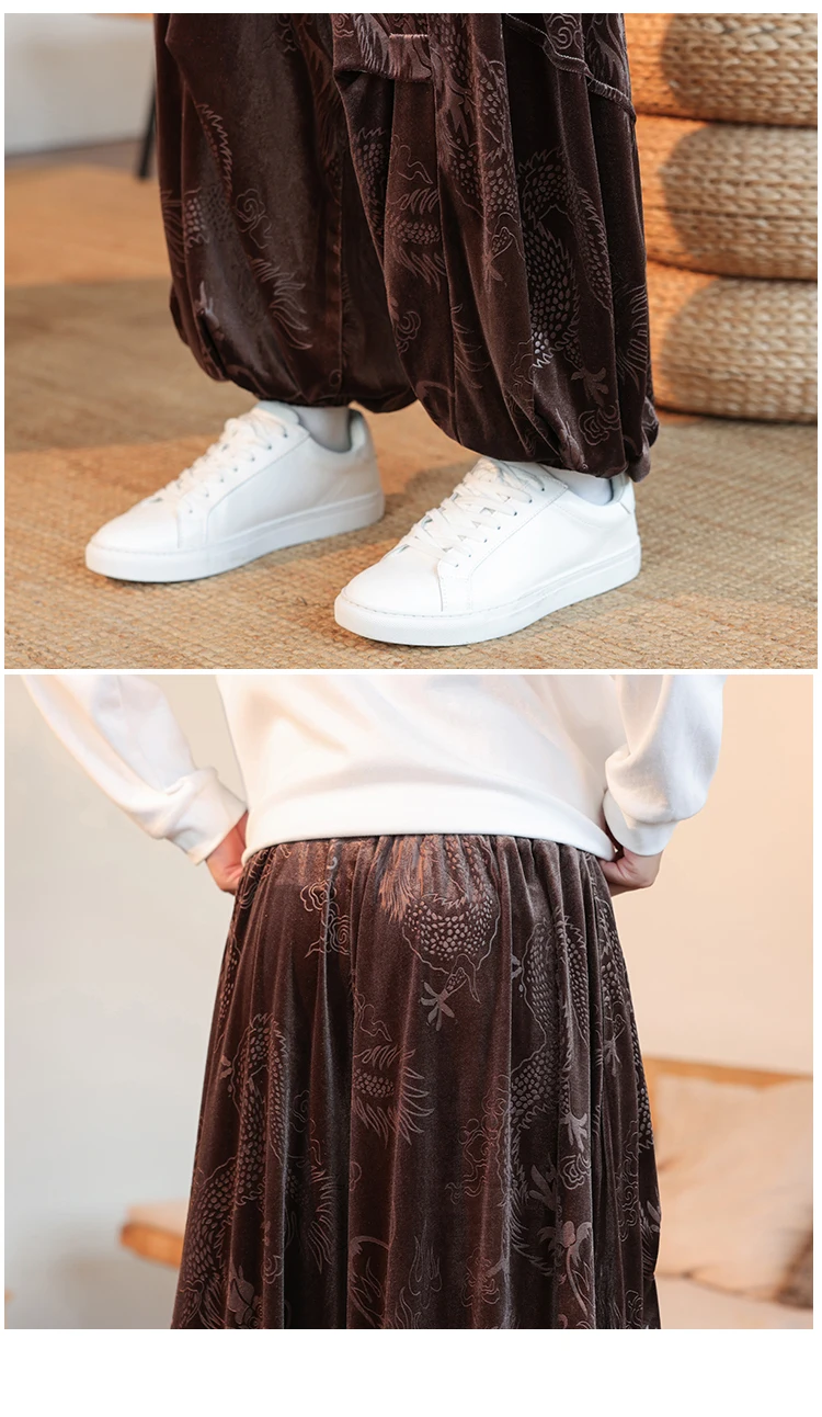 Velvet Pants Men's Autumn Winter Retro Dragon Print Loose Pants Men Chinese Style Casual Wide Leg Trousers For Men Plus Size 5XL