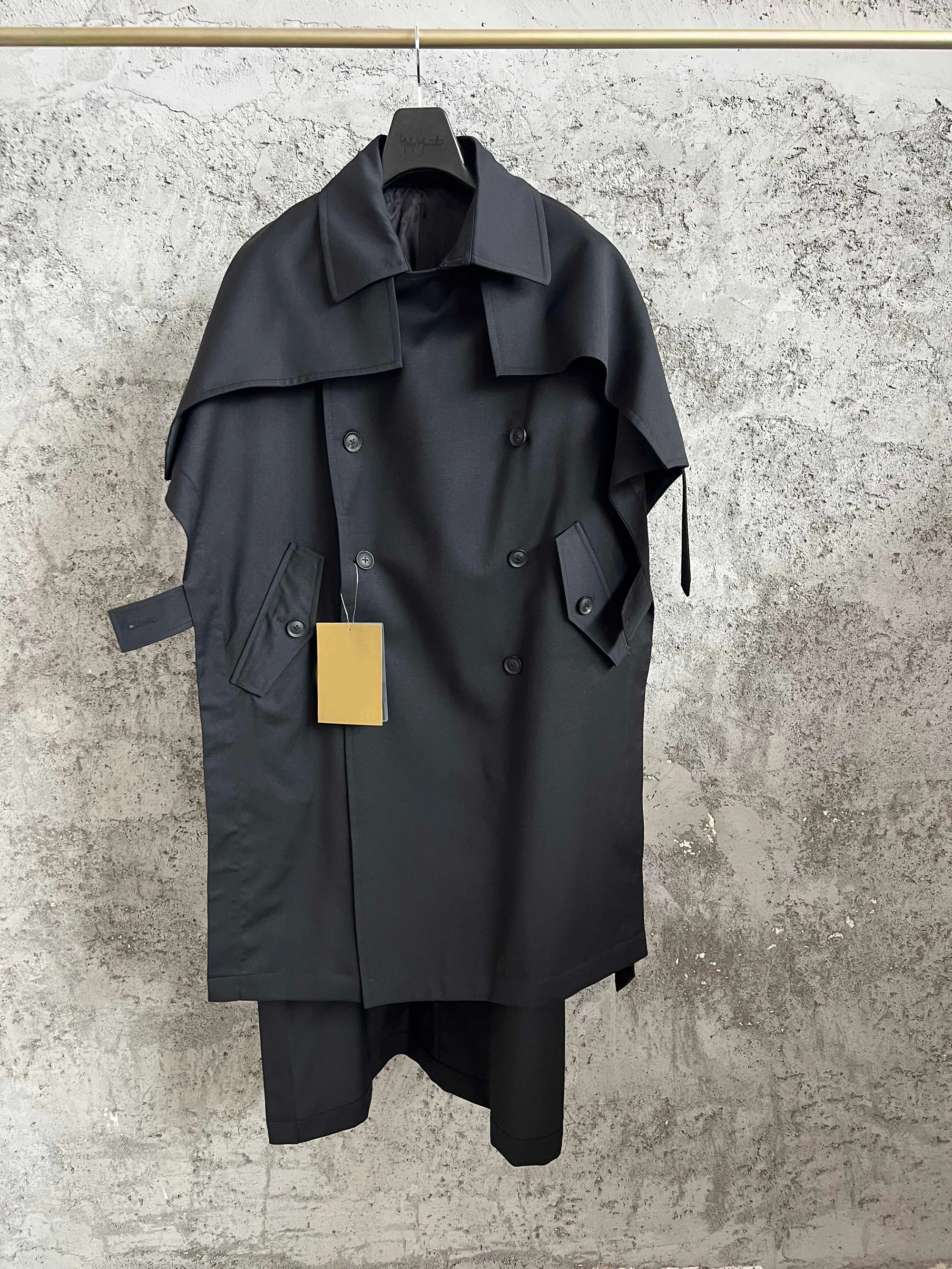 TOP-YAMAMOTO Japanese original design Dark style loose wool mixed tie double-breasted overcoat for men