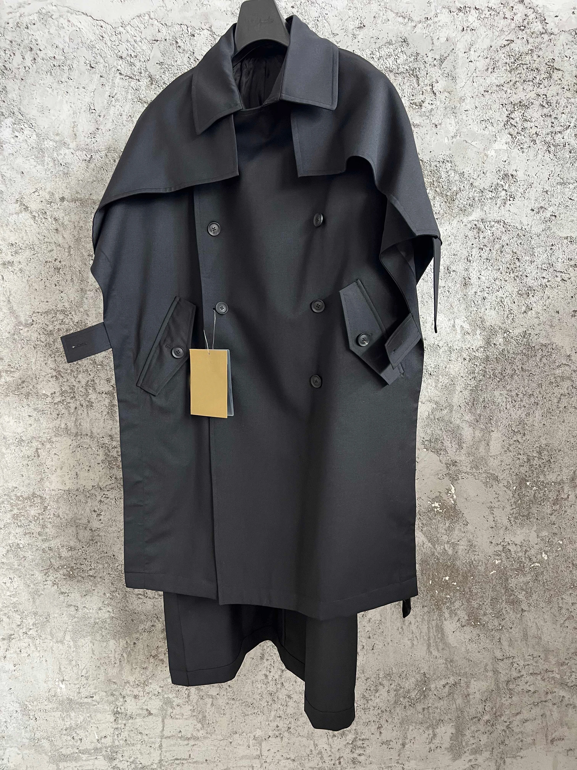 TOP-YAMAMOTO Japanese original design Dark style loose wool mixed tie double-breasted overcoat for men