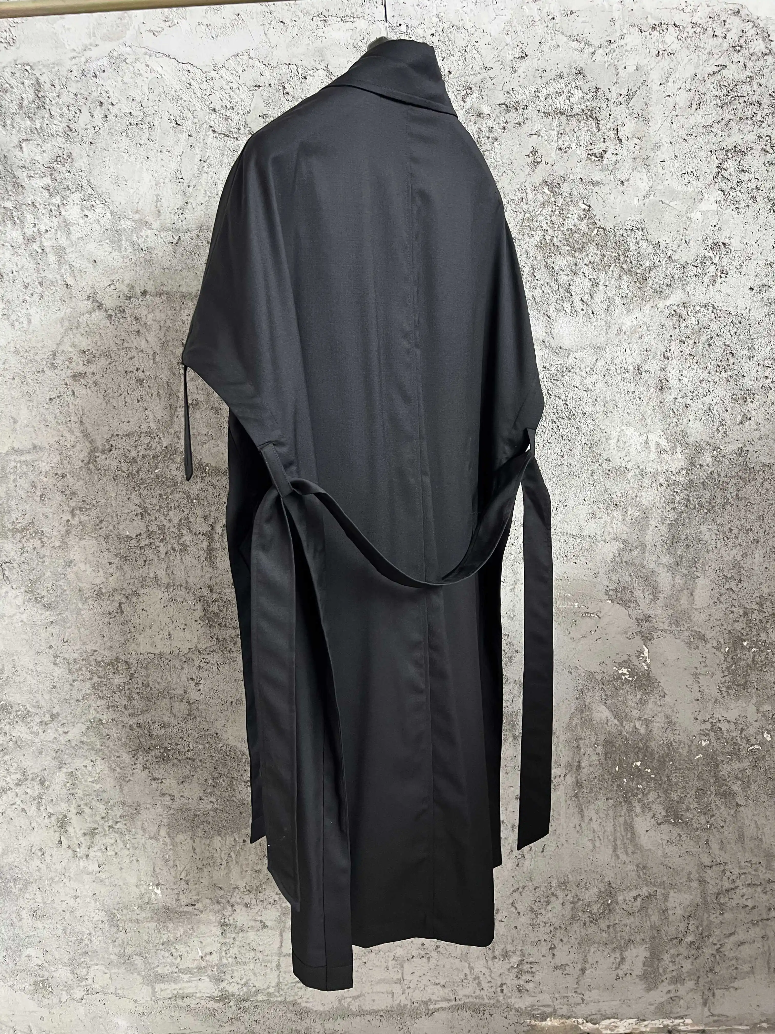 TOP-YAMAMOTO Japanese original design Dark style loose wool mixed tie double-breasted overcoat for men