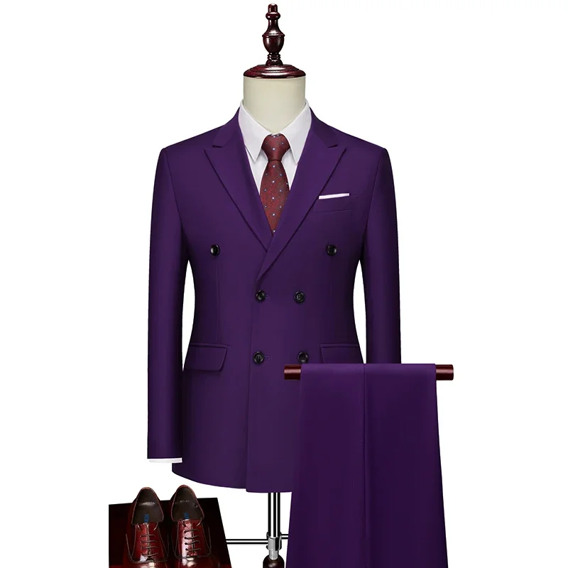 2 Pieces Fashion New Men's Business Double Breasted Solid Color Suit Coat / Male Slim Wedding Blazers Jacket Pants Trousers