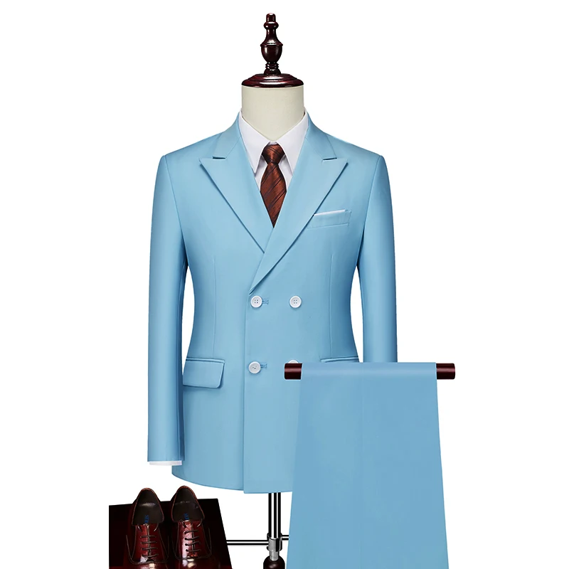 2 Pieces Fashion New Men's Business Double Breasted Solid Color Suit Coat / Male Slim Wedding Blazers Jacket Pants Trousers