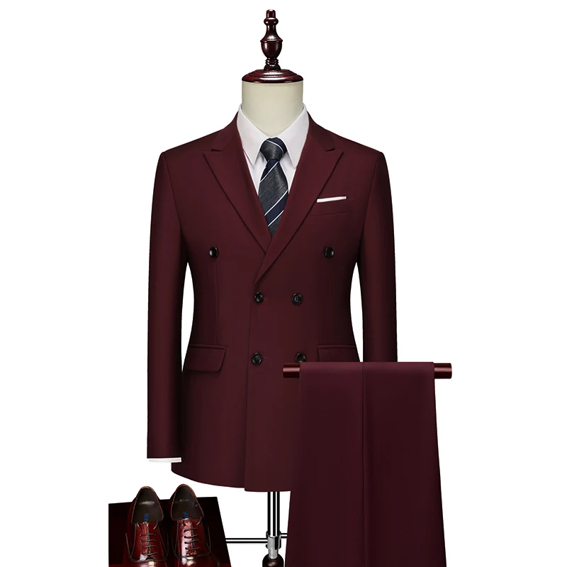 2 Pieces Fashion New Men's Business Double Breasted Solid Color Suit Coat / Male Slim Wedding Blazers Jacket Pants Trousers
