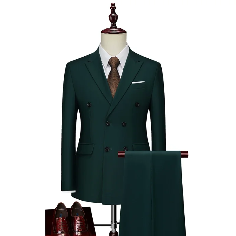 2 Pieces Fashion New Men's Business Double Breasted Solid Color Suit Coat / Male Slim Wedding Blazers Jacket Pants Trousers