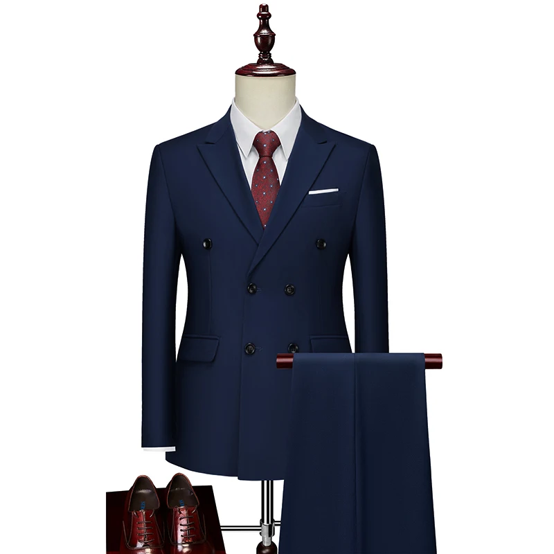 2 Pieces Fashion New Men's Business Double Breasted Solid Color Suit Coat / Male Slim Wedding Blazers Jacket Pants Trousers