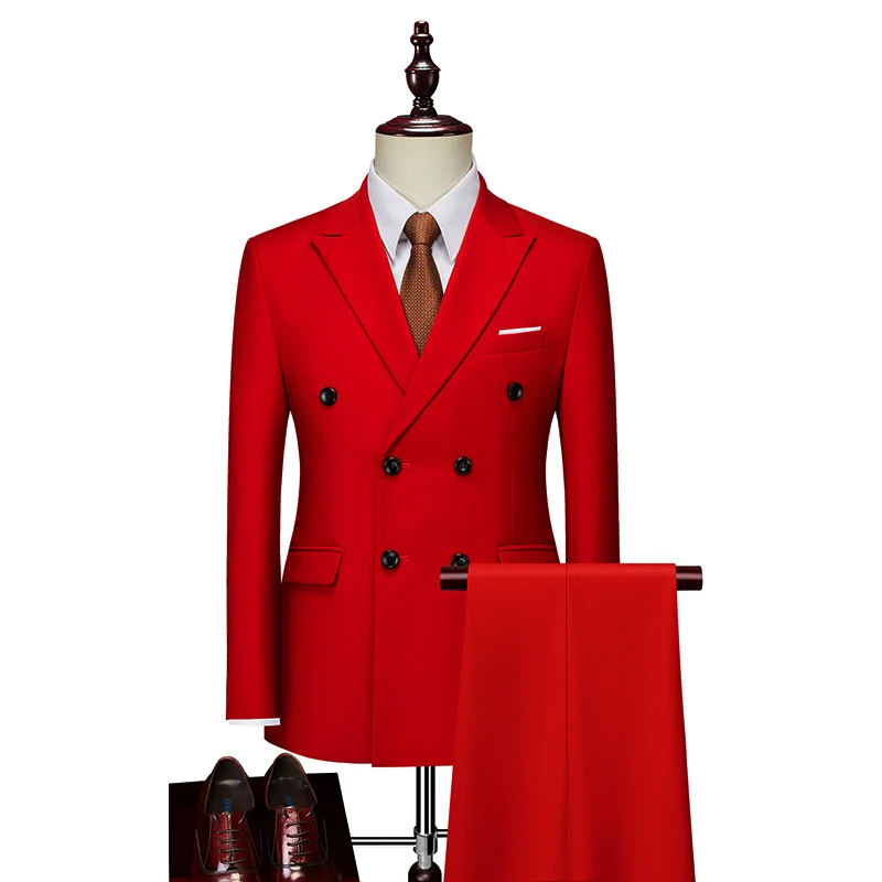 2 Pieces Fashion New Men's Business Double Breasted Solid Color Suit Coat / Male Slim Wedding Blazers Jacket Pants Trousers