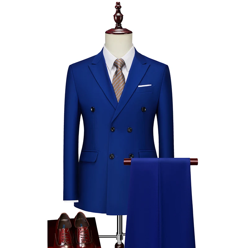 2 Pieces Fashion New Men's Business Double Breasted Solid Color Suit Coat / Male Slim Wedding Blazers Jacket Pants Trousers