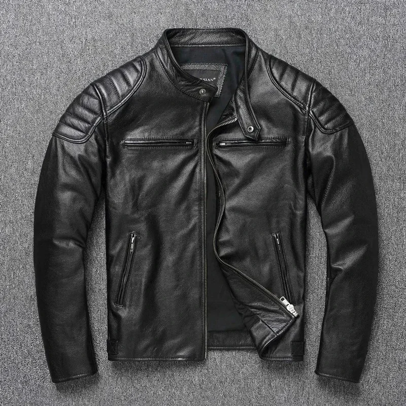 New Men Top‑Layer Genuine Cowhide Leather Jacket, Stand Collar Classic Motorcycle Biker Coat, Windproof Warm Outerwear, Plus Size Available For Autumn Winter Riding And Daily Casual Wear