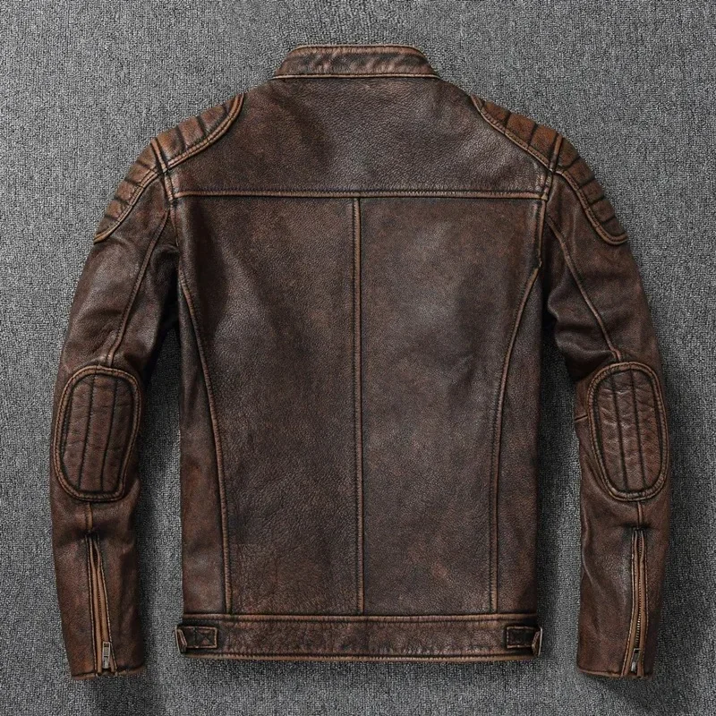 New Men Top‑Layer Genuine Cowhide Leather Jacket, Stand Collar Classic Motorcycle Biker Coat, Windproof Warm Outerwear, Plus Size Available For Autumn Winter Riding And Daily Casual Wear