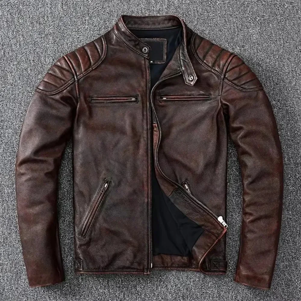 New Men Top‑Layer Genuine Cowhide Leather Jacket, Stand Collar Classic Motorcycle Biker Coat, Windproof Warm Outerwear, Plus Size Available For Autumn Winter Riding And Daily Casual Wear