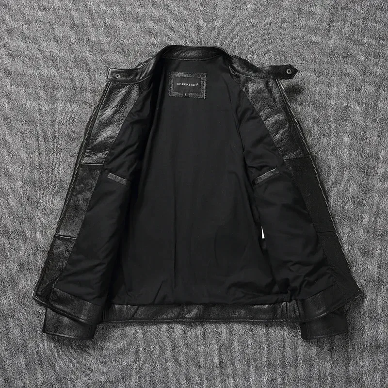 New Men Top‑Layer Genuine Cowhide Leather Jacket, Stand Collar Classic Motorcycle Biker Coat, Windproof Warm Outerwear, Plus Size Available For Autumn Winter Riding And Daily Casual Wear