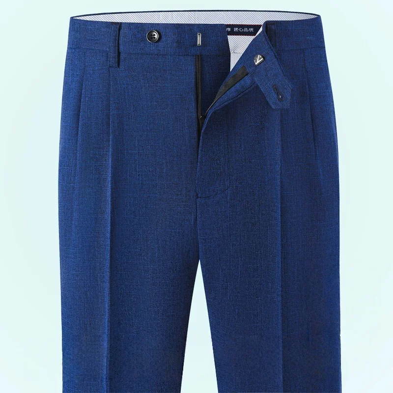 High Waist Double Pleated Men's Linen Suit Pants Loose Straight Dress Trousers for Summer Wedding Formal Sizes 40 42 44
