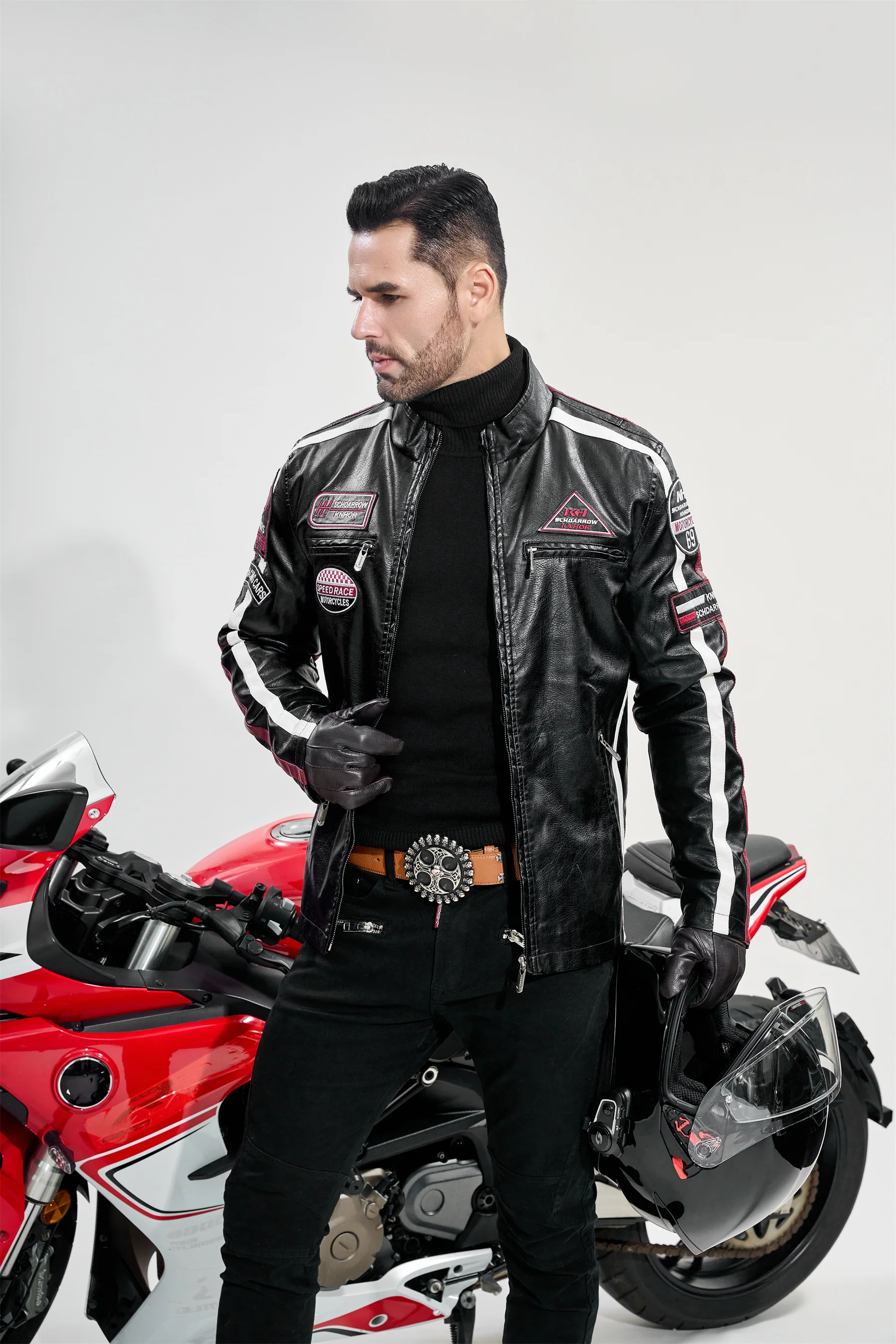 Men's Motorcycle Racing Suit PU Leather Label Color Jacket