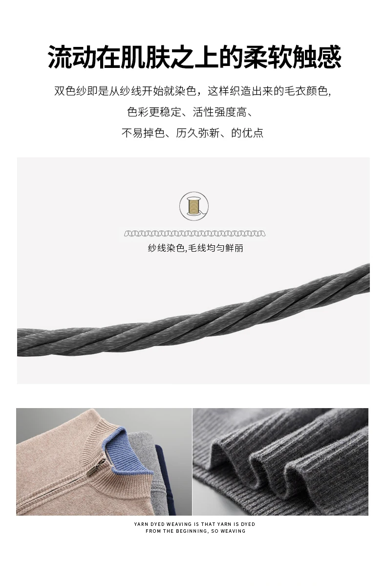 Men's 100% Merino Wool Warm Sweater Mock Collar Thickened Zippered Cardigan Autumn Winter New Cashmere Knitted Montage Tops