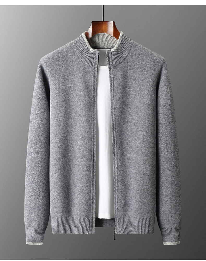 Men's 100% Merino Wool Warm Sweater Mock Collar Thickened Zippered Cardigan Autumn Winter New Cashmere Knitted Montage Tops