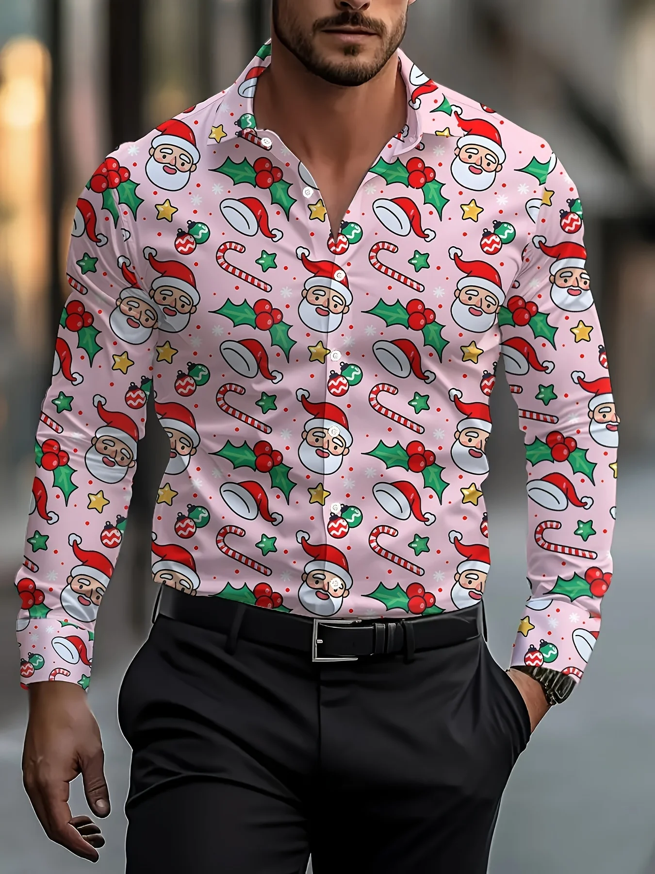 Christmas Festival Theme Men's 3D Printed Formal Shirts Christmas Tree Santa Claus Graphic Long Sleeve Shirt Fashion Men's Shirt
