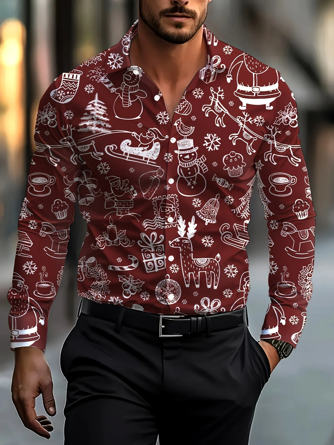 Christmas Festival Theme Men's 3D Printed Formal Shirts Christmas Tree Santa Claus Graphic Long Sleeve Shirt Fashion Men's Shirt
