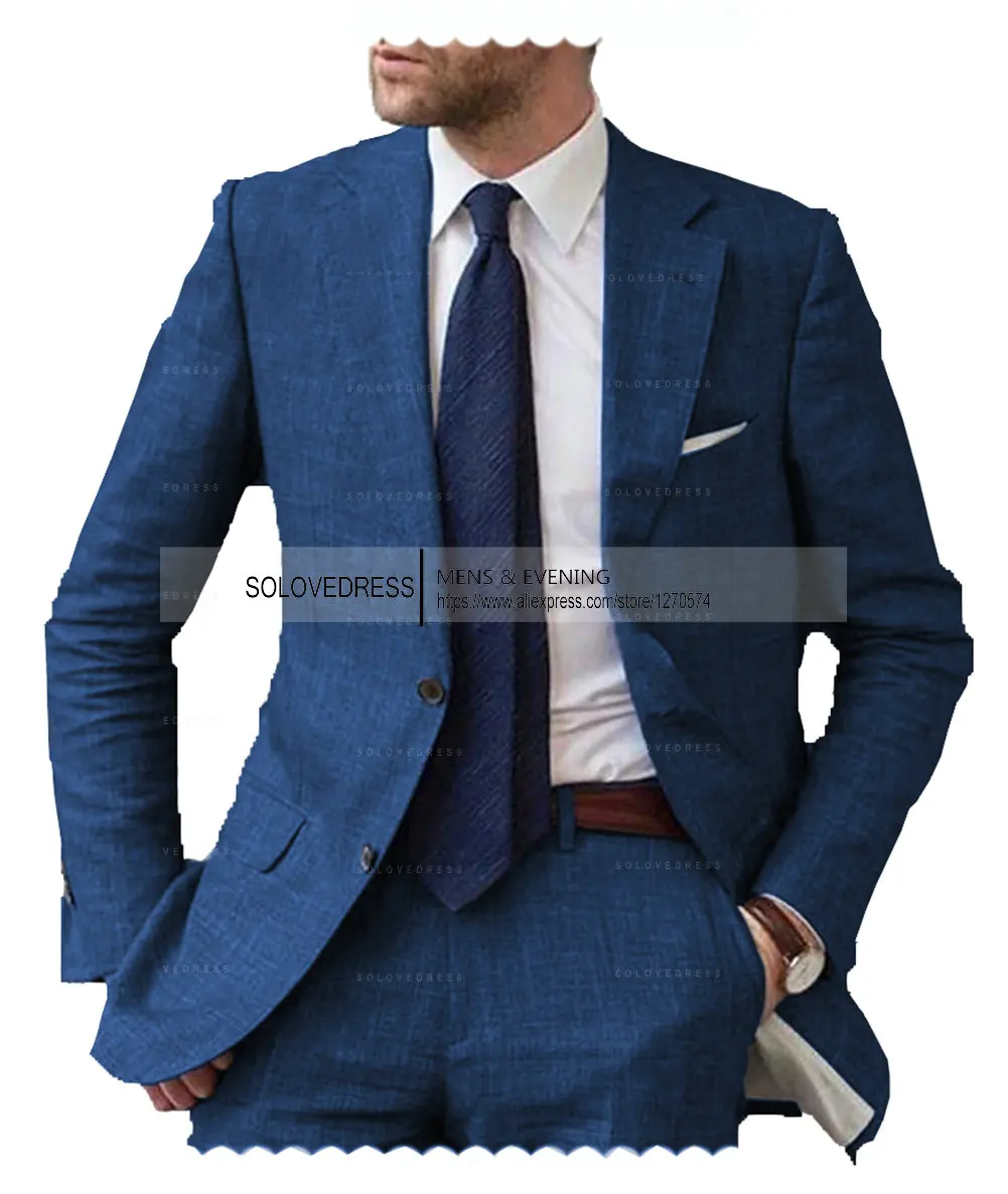 2026 Men's 2-Piece Linen Suit Casual Slim Fit Vintage Suits Groomsmen Tuxedos Wedding Summer Beach Blazer Pants Set