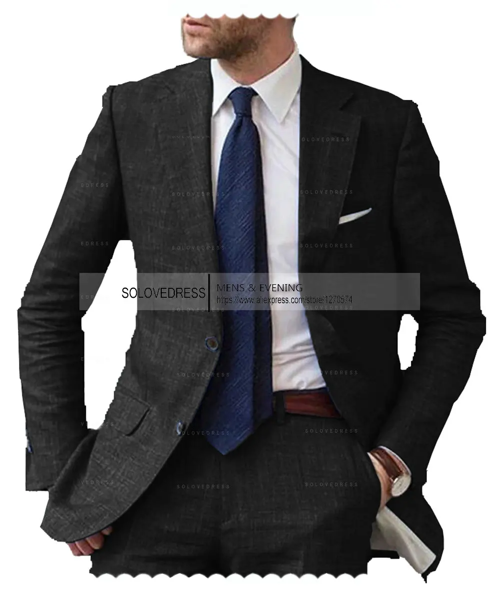 2026 Men's 2-Piece Linen Suit Casual Slim Fit Vintage Suits Groomsmen Tuxedos Wedding Summer Beach Blazer Pants Set