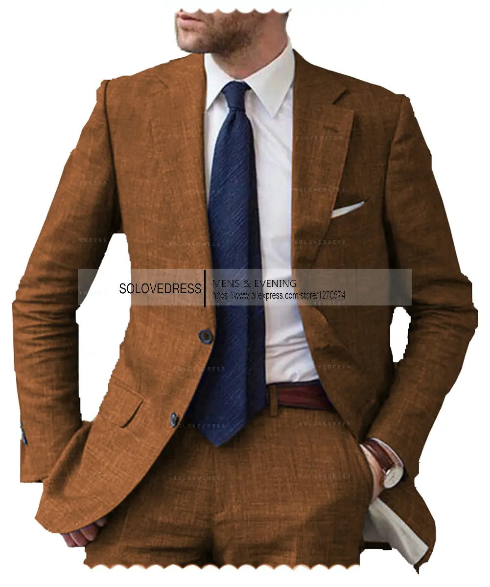 2026 Men's 2-Piece Linen Suit Casual Slim Fit Vintage Suits Groomsmen Tuxedos Wedding Summer Beach Blazer Pants Set