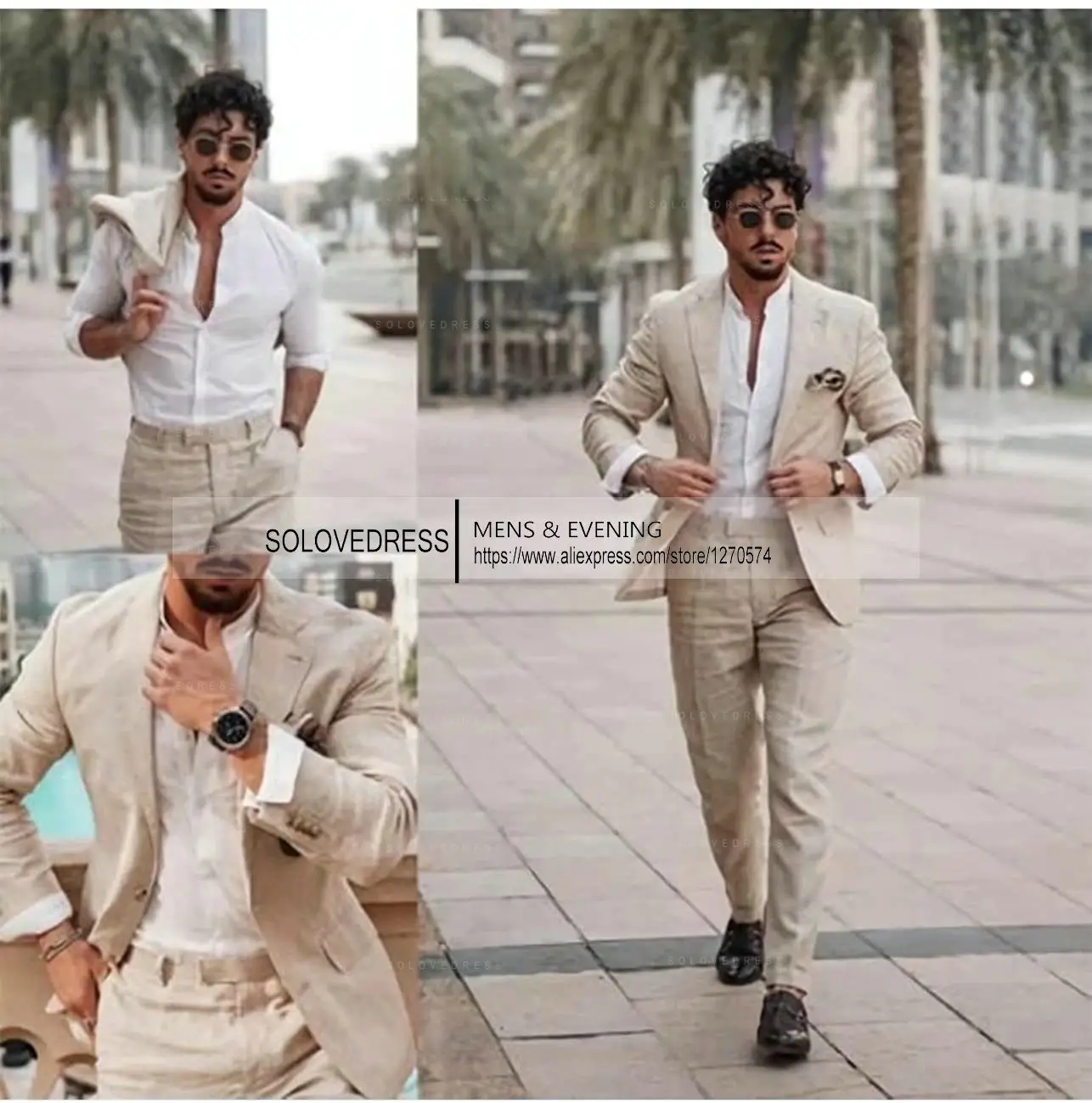 2026 Men's 2-Piece Linen Suit Casual Slim Fit Vintage Suits Groomsmen Tuxedos Wedding Summer Beach Blazer Pants Set