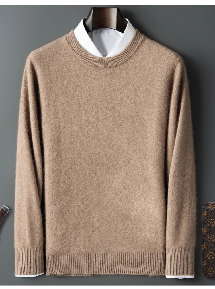 New mink cashmere sweater men's crewneck loose solid color cashmere undercoat youth business knit undercoat sweater