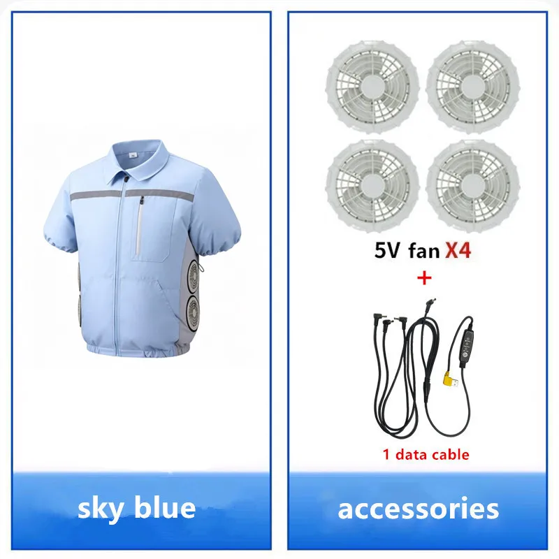 Men'S Summer Short Sleeved Double-Sided Four Fan Air Conditioning Clothes Heatstroke Prevention Cooling (Excluding Power Bank)