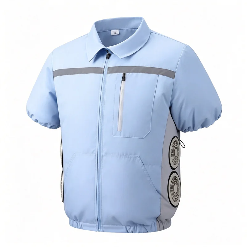 Men'S Summer Short Sleeved Double-Sided Four Fan Air Conditioning Clothes Heatstroke Prevention Cooling (Excluding Power Bank)