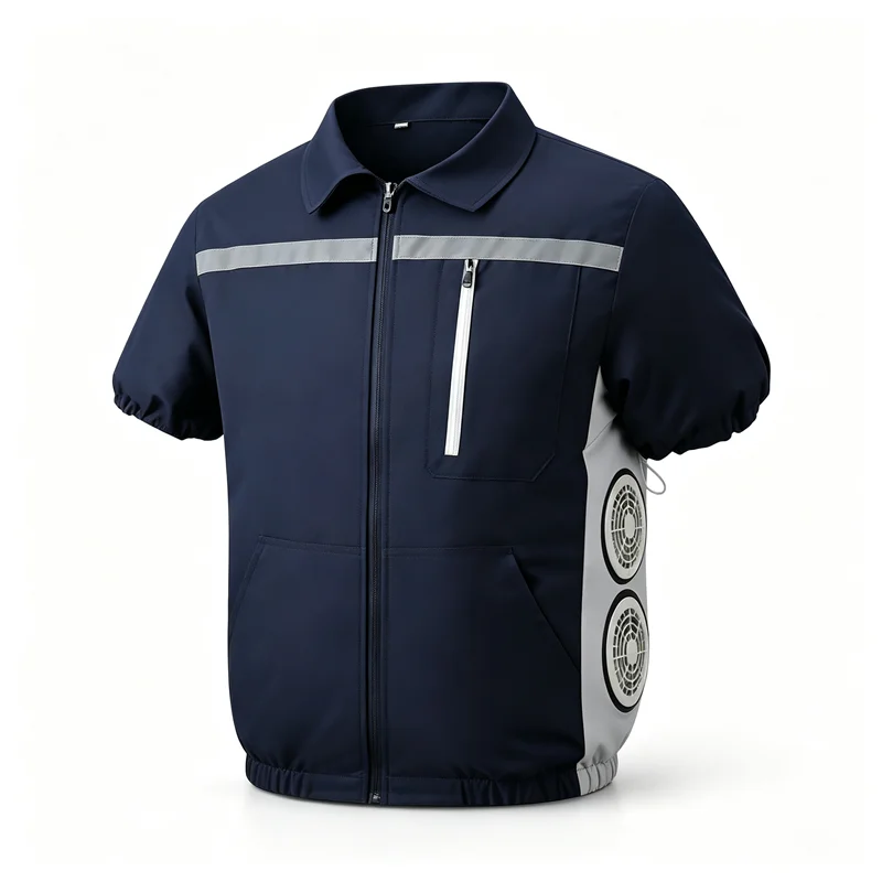 Men'S Summer Short Sleeved Double-Sided Four Fan Air Conditioning Clothes Heatstroke Prevention Cooling (Excluding Power Bank)