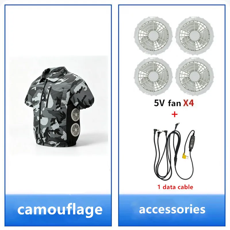 Men'S Summer Short Sleeved Double-Sided Four Fan Air Conditioning Clothes Heatstroke Prevention Cooling (Excluding Power Bank)