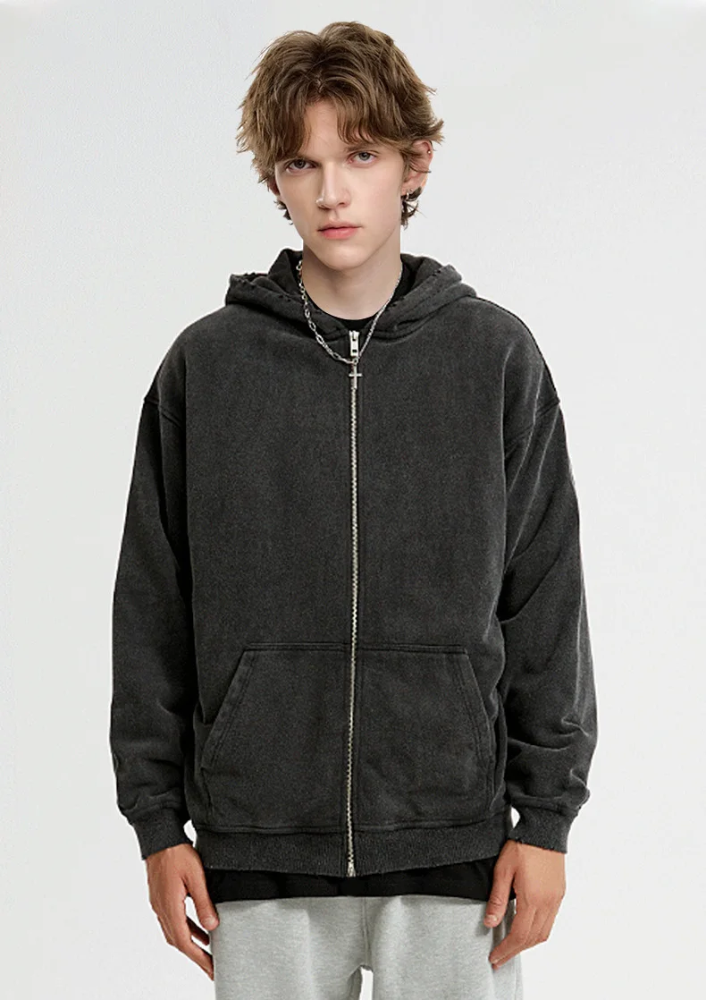 DIY Custom LOGO Cotton Washed Hoodie Zipper Sweatshirt Pants Tracksuit Men Women Retro Loose Distressed HipHop Oversized Big