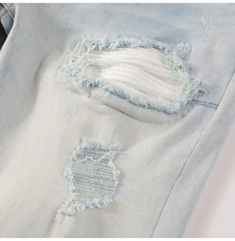 Men Pale Light Blue Biker Jeans Cracked Pleated Patch Patchwork Stretch Denim Pants Streetwear Holes Ripped Skinny Trousers