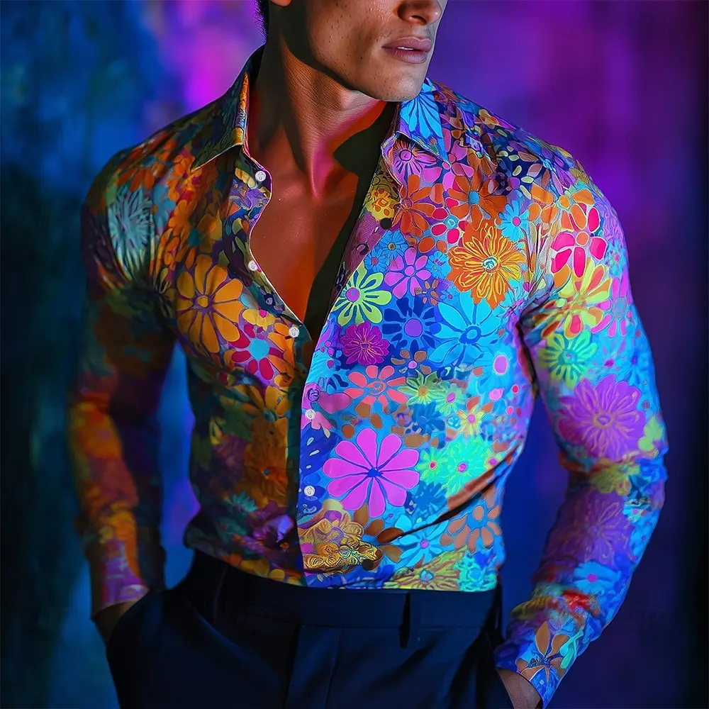 Men's Floral Print Neon Flowers Shirt Button Up Shirt Casual Dress Shirt Long Sleeve Streetwear Turndown 3D Print Collared Shirt