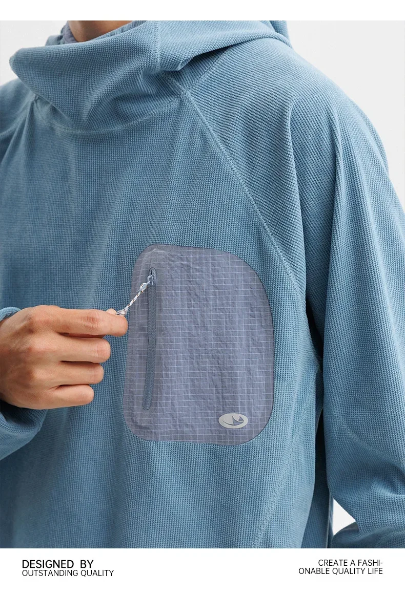 Unisex Lightweight Waffle Grid Hoodie Quick-Dry Long Sleeve T-Shirt Breathable Outdoor Athletic Pullover Top for Spring Autumn