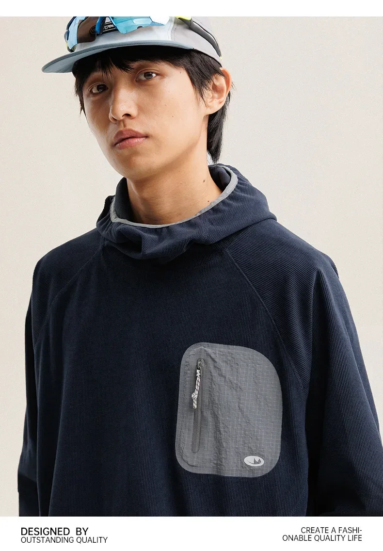 Unisex Lightweight Waffle Grid Hoodie Quick-Dry Long Sleeve T-Shirt Breathable Outdoor Athletic Pullover Top for Spring Autumn