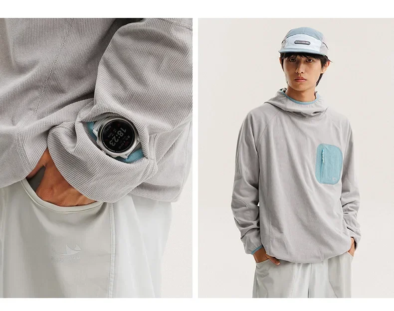 Unisex Lightweight Waffle Grid Hoodie Quick-Dry Long Sleeve T-Shirt Breathable Outdoor Athletic Pullover Top for Spring Autumn