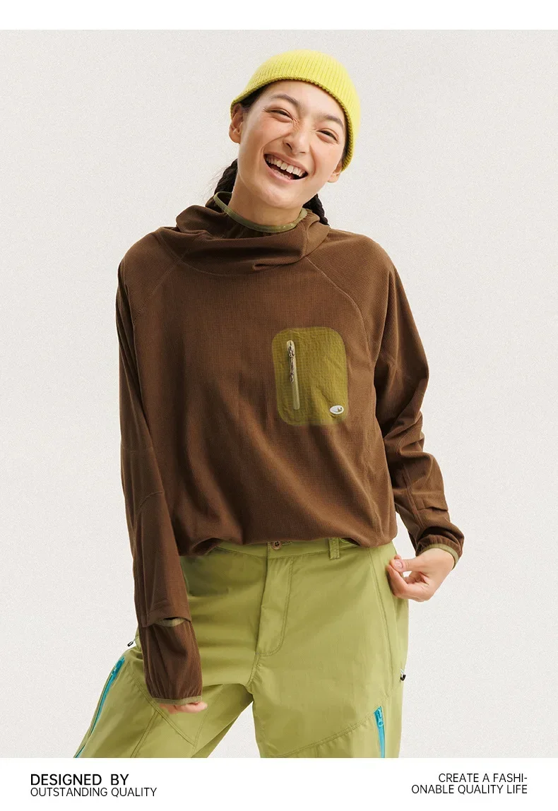 Unisex Lightweight Waffle Grid Hoodie Quick-Dry Long Sleeve T-Shirt Breathable Outdoor Athletic Pullover Top for Spring Autumn