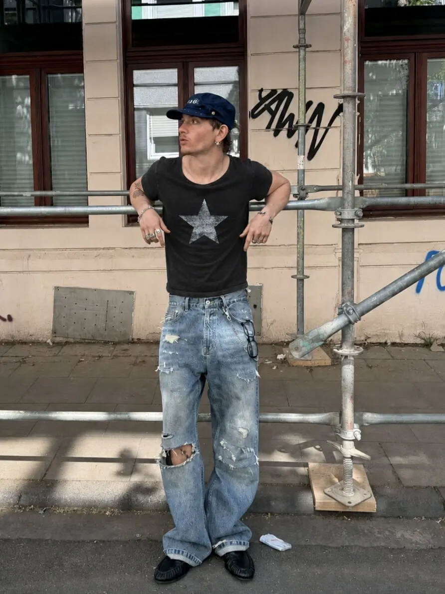 Ann 26ss pentagram printed streamer washed old loose retro short-sleeved T-shirt