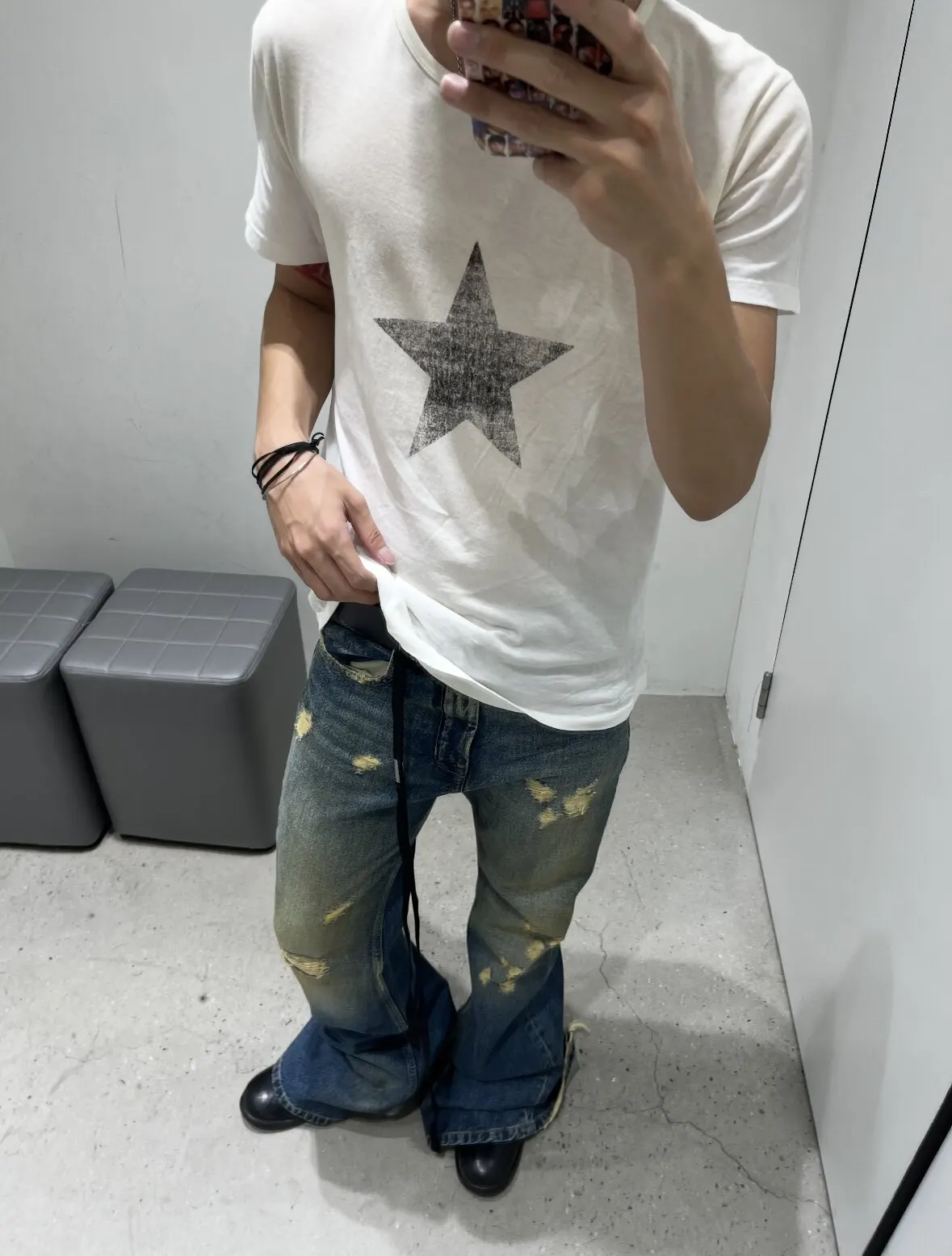 Ann 26ss pentagram printed streamer washed old loose retro short-sleeved T-shirt