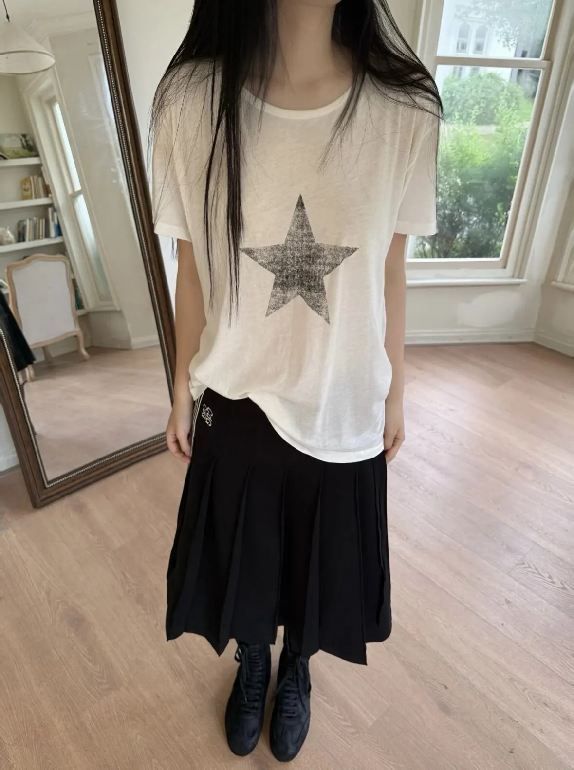 Ann 26ss pentagram printed streamer washed old loose retro short-sleeved T-shirt