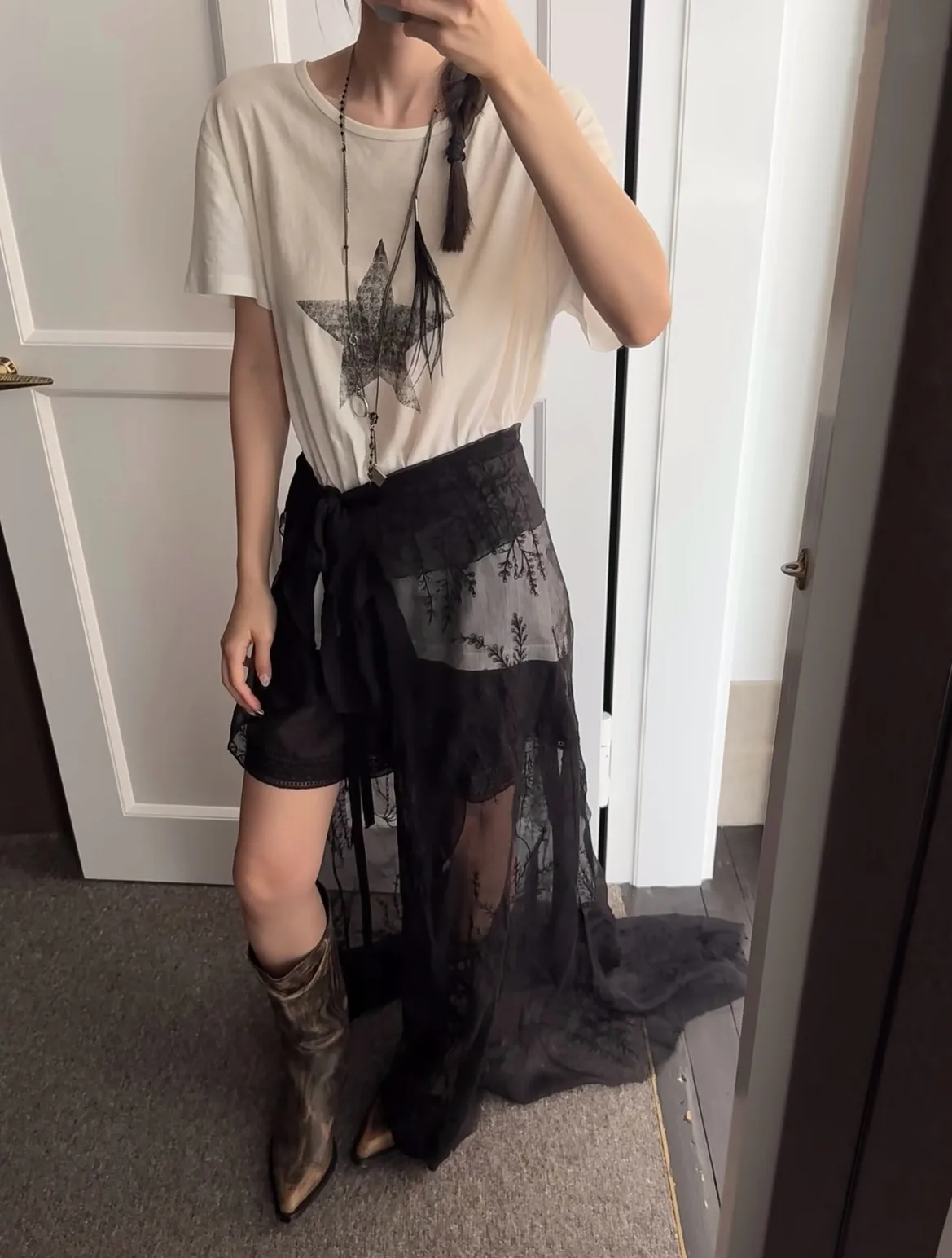 Ann 26ss pentagram printed streamer washed old loose retro short-sleeved T-shirt