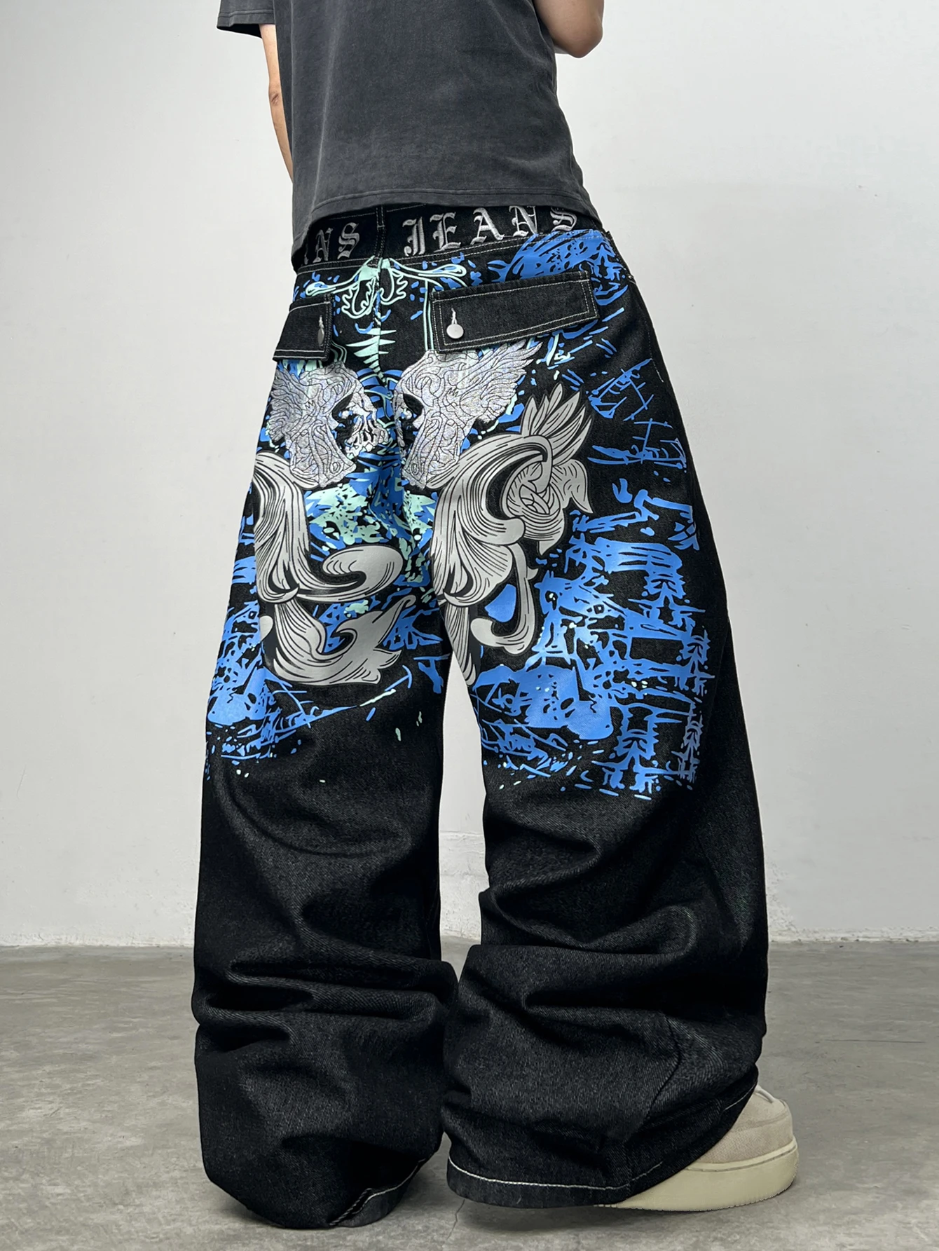American Street-Style Graffiti Print Embroidered Black Baggy Jeans Men Y2K Trendy Wide-Leg Straight Pants